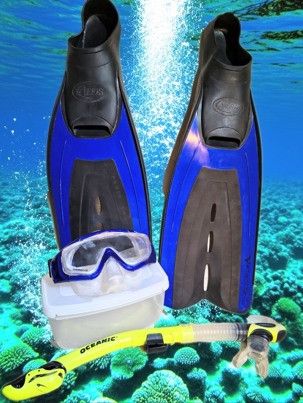 Snorkel Set Velocity Fins 7-8 Magnum EX.Mask and Oceanic Snorkel, Used One Time - Picture 2 of 9
